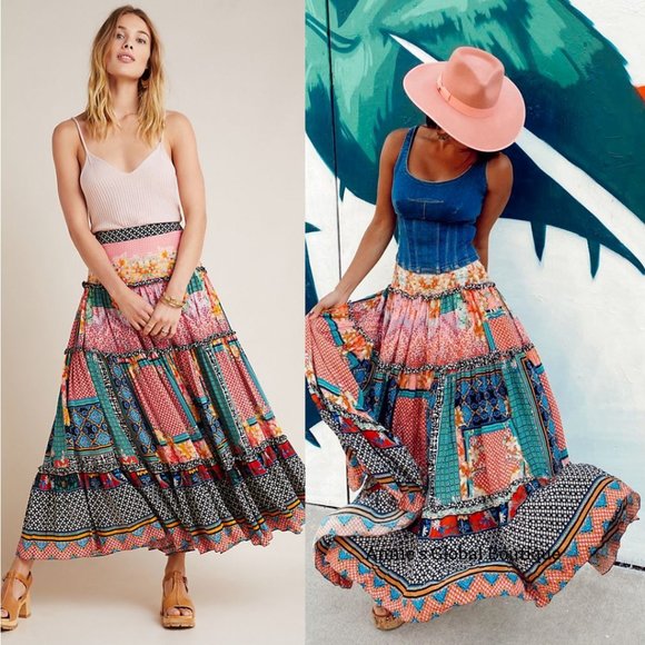 RARE NWT ANTHROPOLOGIE Bhanuni by Jyoti Celina Tiered Maxi Skirt. Size 0 - Picture 9 of 14